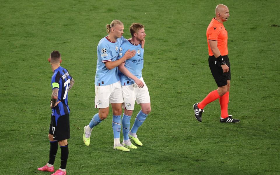 Kevin De Bruyne is consoled by Erling Haaland - Kevin De Bruyne&#39;s Champions League agony strikes again &#x002013; his pain should hurt any football fan - Getty Images/Alex Grimm