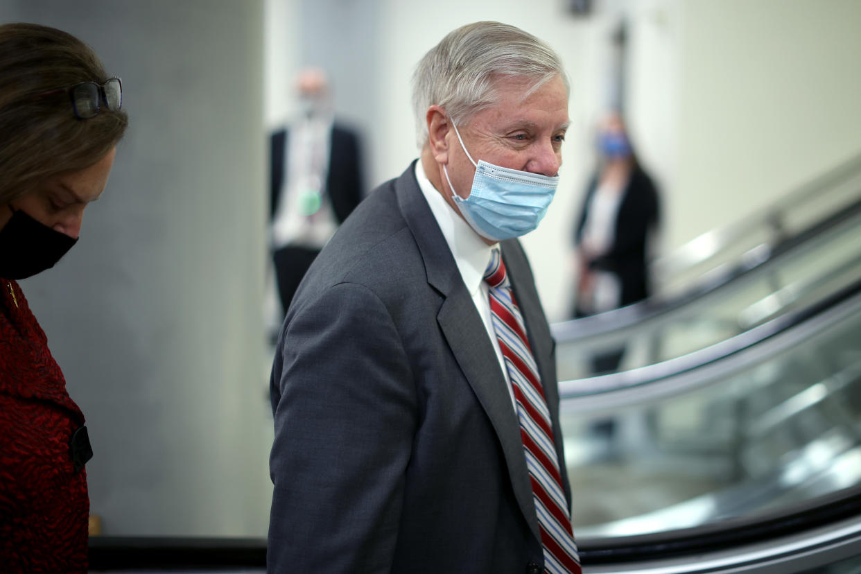 Sen. Lindsey Graham (R-SC) arrives at the U.S. Capitol on the third day of former President Donald Trump's impeachment trial on February 11, 2021 in Washington, DC. (Chip Somodevilla/Getty Images)