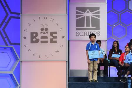 May 31, 2017; National Harbor, MD, USA; Andrew Elias from OH will spell the word homicide (killing of one human being by another) correctly during the 2017 Scripps National Spelling Bee at the Gaylord National Resort and Convention Center. Mandatory Credit: Jack Gruber-USA TODAY NETWORK