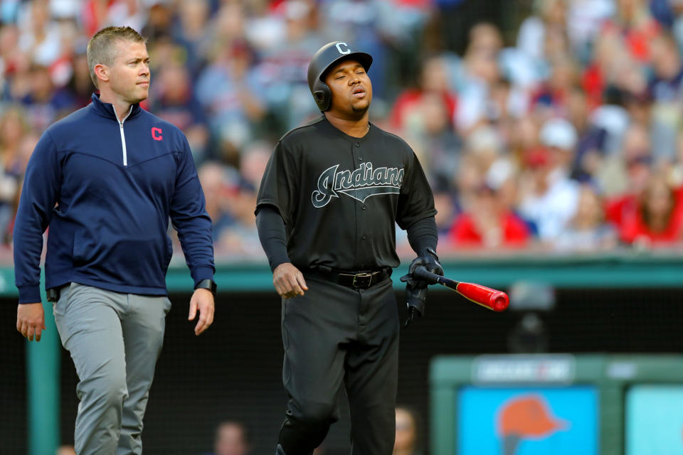 CLEVELAND, OH - AUGUST 24: Cleveland Indians third baseman Jose Ramirez (11) leaves the field with a trainer during the first inning of the Major League Baseball game between the Kansas City Royals and Cleveland Indians on August 24, 2019, at Progressive Field in Cleveland, OH. Ramirez left the game with right wrist discomfort. (Photo by Frank Jansky/Icon Sportswire via Getty Images)