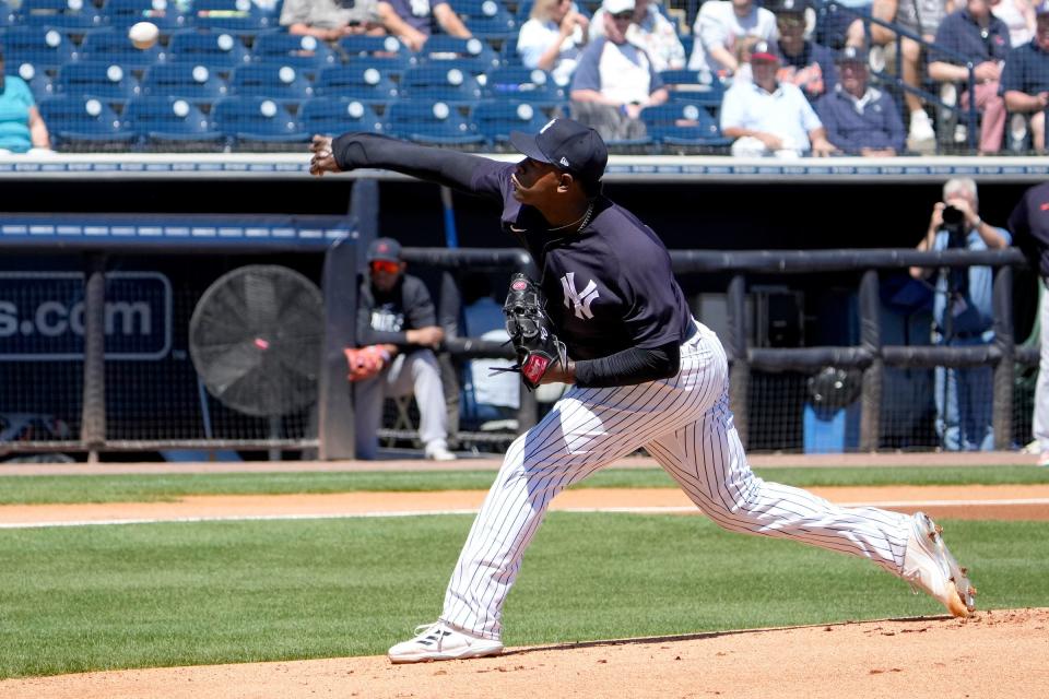 New York Yankees starting pitcher Luis Severino (40) throws a pitch against the Detroit Tigers during the first inning at George M. Steinbrenner Field in Tampa, Florida, on Tuesday, March 21, 2023.