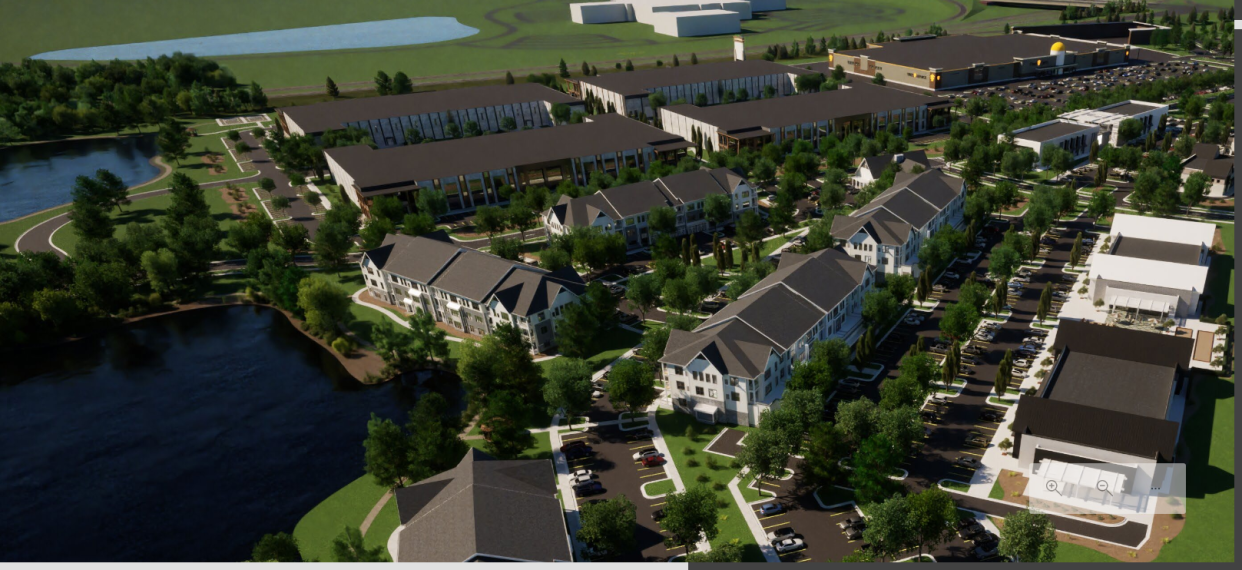 This birds-eye rendering of a 59-acre development planned for a Pabst Farms parcel east of Fleet Farm in Oconomowoc shows the variety of buildings that would be built if the project is approved. The site would include several tech-oriented office spaces as well as 171 apartments, retail businesses and restaurants.
