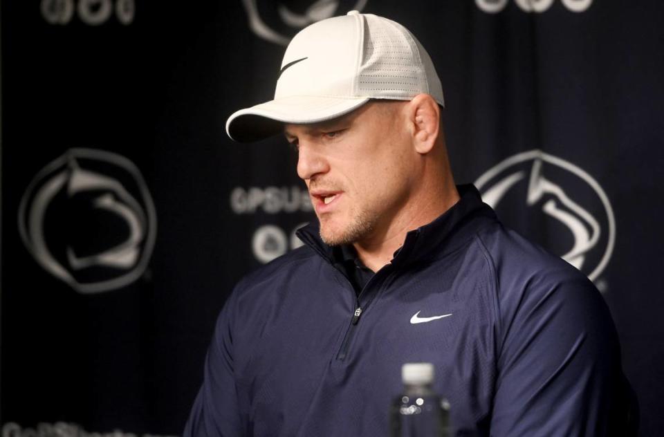 Penn State wrestling coach Cael Sanderson answers questions during the first availability of the season on Wednesday, Nov. 8, 2023.