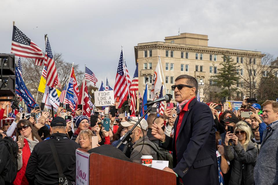 Former General Michael Flynn, President Donald Trump’s recently pardoned national security adviser, speaks during a protest of the outcome of the 2020 presidential election outside the Supreme Court on December 12, 2020 in Washington, DC.