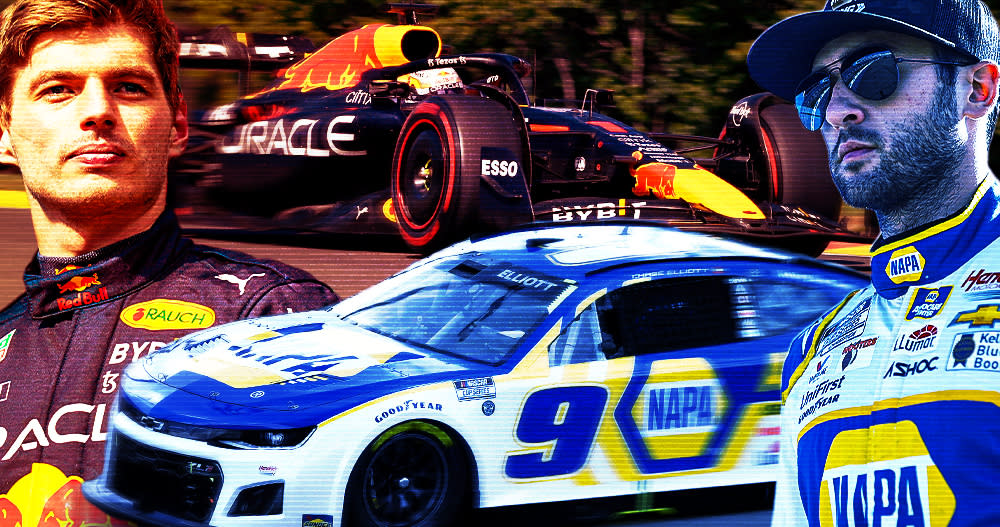Chase Elliott (right) and NASCAR are looking to follow in the tire tracks of Max Verstappen (left) and F1. (Yahoo Sports illustration by Michael Wagstaffe)