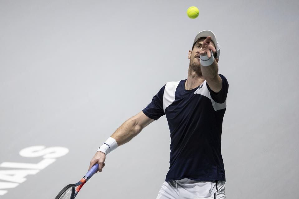 Great Britain's Andy Murray serves during the Davis Cup tennis match against Netherlands' Tallon Griekspoor in Madrid, Spain, Wednesday, Nov. 20, 2019. (AP Photo/Bernat Armangue)