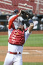 St. Louis Cardinals catcher Yadier Molina catches a foul ball for an out during the seventh inning of a baseball game against the Cleveland Indians, Sunday, Aug. 30, 2020, in St. Louis. (AP Photo/Scott Kane)