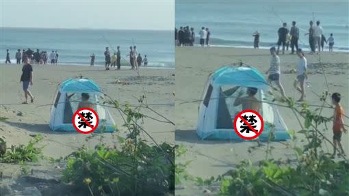 一對男女在海邊搭帳篷上演「愛情動作片」。（圖／翻攝自爆廢公社）