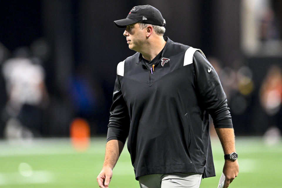 Atlanta Falcons head coach Arthur Smith watches play during the first half of an NFL football game against the Jacksonville Jaguars, Saturday, Aug. 27, 2022, in Atlanta. (AP Photo/Danny Karnik)