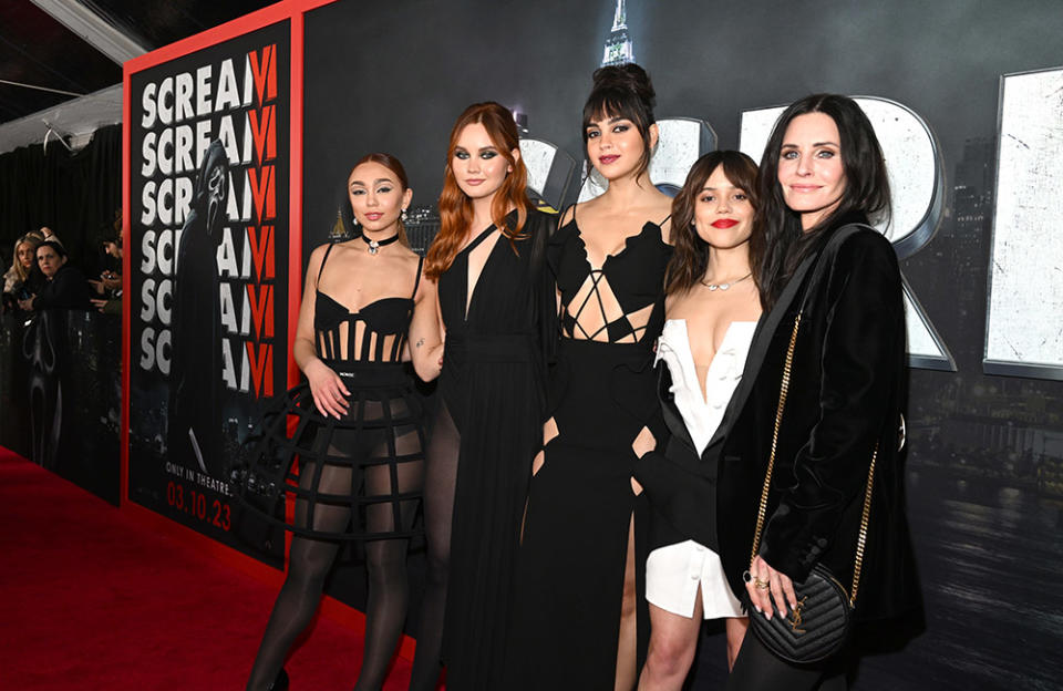 (L-R) Devyn Nekoda, Liana Liberato, Melissa Barrera, Jenna Ortega and Courteney Cox attend the Global Premiere of Paramount Pictures and Spyglass Media Group's "Scream VI" at AMC Lincoln Square on March 6, 2023 in New York, New York.