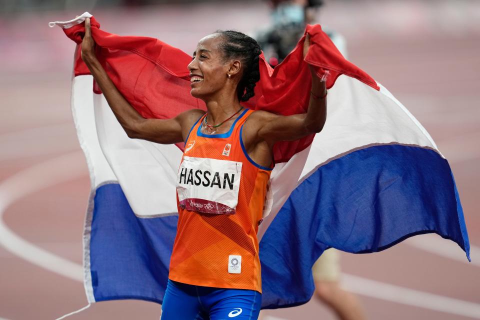 Aug 7, 2021; Tokyo, Japan; Sifan Hassan (NED) reacts after winning the women's 10,000m final during the Tokyo 2020 Summer Olympic Games at Olympic Stadium.