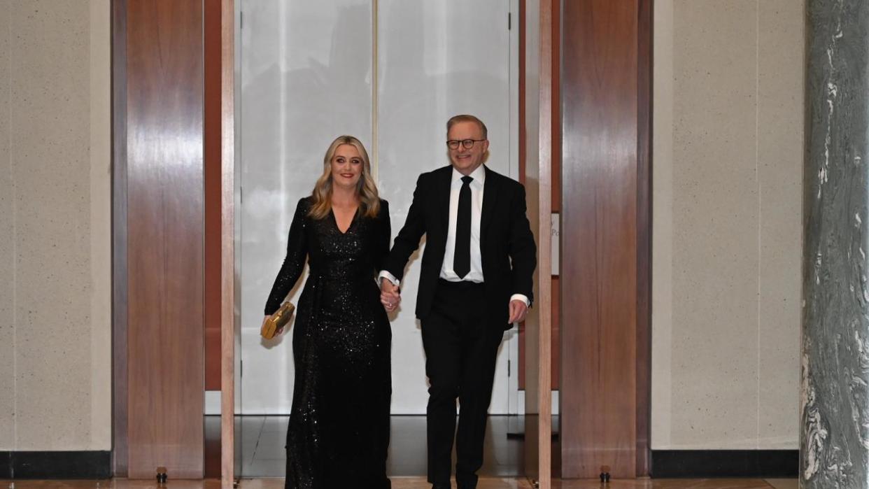 Prime Minister Anthony Albanese and fiancee Jodie Haydon were all smiles as they entered the building. Picture: NewsWire/Martin Ollman