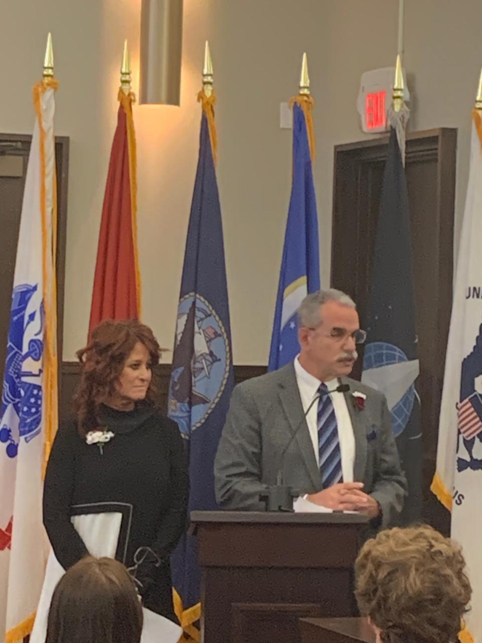 Chief Probation Officer Diane Massouh and First Justice Mark Goldstein of Gardner District Court speak at the grand opening of the Central Massachusetts Veterans Treatment Court on Sept. 20.