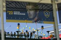 CARSON, CA - JULY 13: The stadium is decorated with a Beckham banner during the official introduction of David Beckham as a Los Angeles Galaxy player on July 13, 2007 at the Home Depot Center in Carson, California. (Photo by Stephen Dunn/Getty Images)