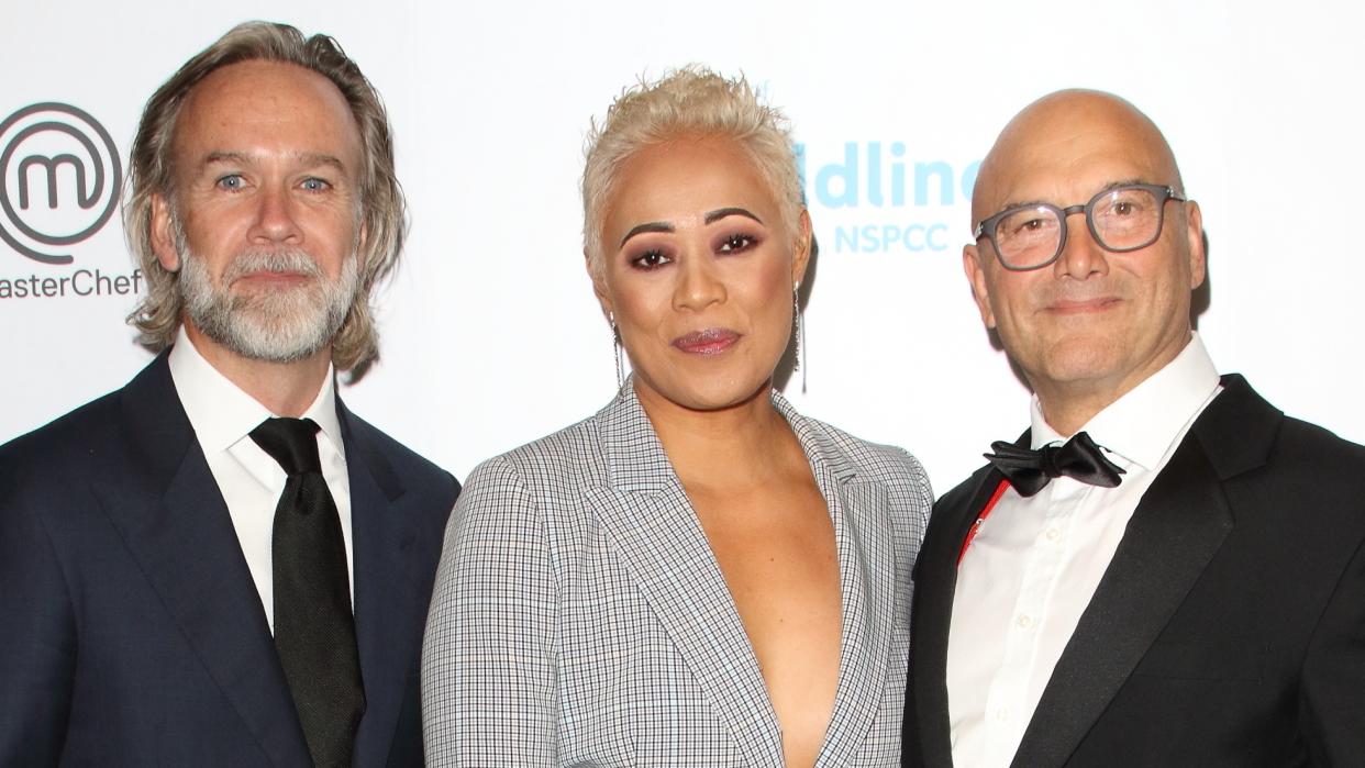 Marcus Wareing, Monica Galetti and Gregg Wallace attend The Childline Ball 2019 partnered with MasterChef for this year's theme at Old Billingsgate in London. (Keith Mayhew / SOPA Images/Sipa USA)