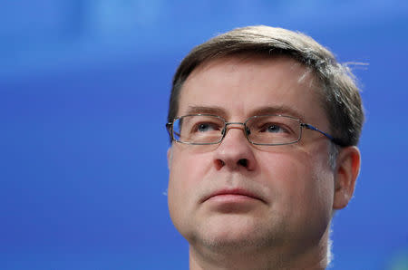 FILE PHOTO: European Commission Vice President Valdis Dombrovskis takes part in a news conference on the capital markets at the EU Commission headquarters in Brussels, Belgium, March 8, 2018. REUTERS/Yves Herman