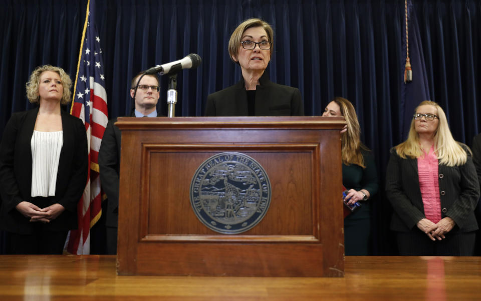 Iowa Gov. Kim Reynolds speaks during a news conference about an update on the state's response to the new coronavirus outbreak, Tuesday, March 10, 2020, at the Statehouse in Des Moines, Iowa. (AP Photo/Charlie Neibergall)