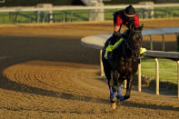 Kentucky Derby hopeful Medina Spirit works out at Churchill Downs Tuesday, April 27, 2021, in Louisville, Ky. The 147th running of the Kentucky Derby is scheduled for Saturday, May 1. (AP Photo/Charlie Riedel)