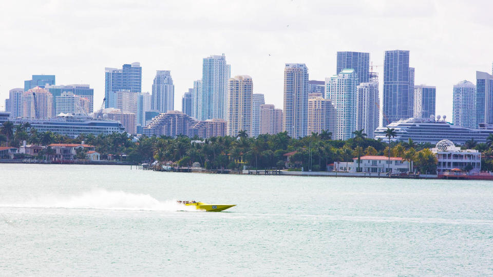 Florida - US State, Gulf Coast States, Miami Beach, North America, Speedboat in motion XXXL - Stock imageMiami