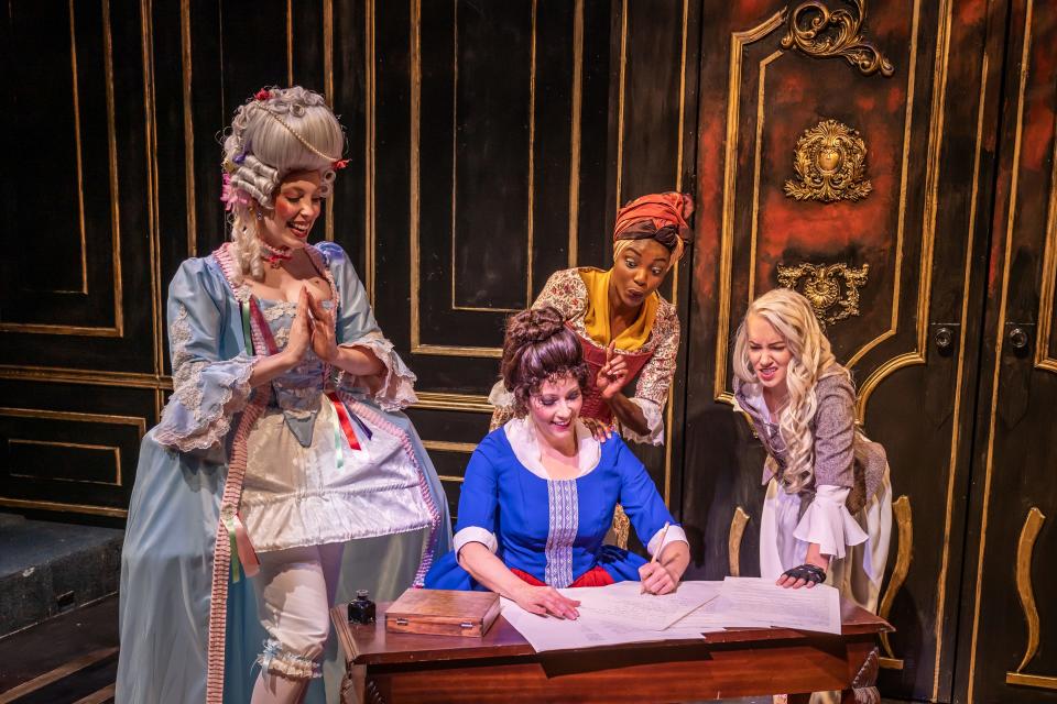 Marie-Antoinette, from left, played by Elise Hudson, Olympe de Gouges, played by Laura Hodos, Marianne Angelle played by Danea C. Osseni, and Charlotte Corday played by Marissa Toogood in The Revolutionists.