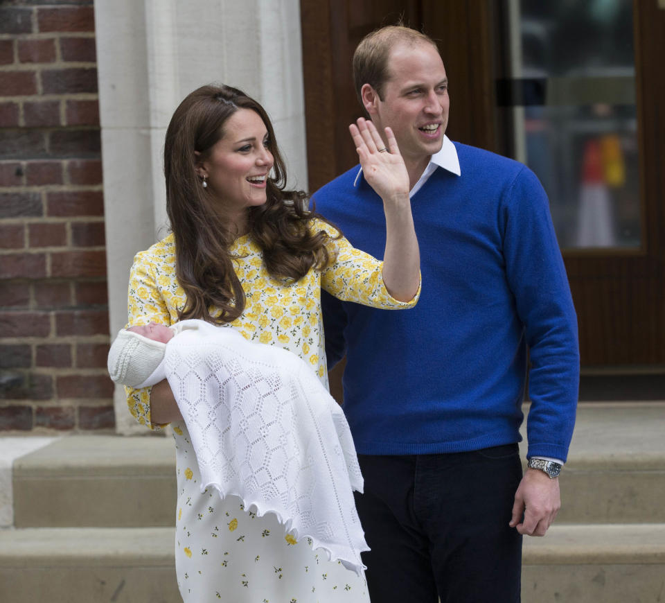 Photo by: KGC-107/STAR MAX/IPx The Princess of Cambridge is seen outside the Lindo Wing of St. Mary's Hospital with her parents Prince William The Duke of Cambridge and Catherine The Duchess of Cambridge.  The Princess was born on Saturday, May 2nd, 2015 at 8:34 AM weighing 8lbs. 3oz. (Star Max/IPX via AP Images)