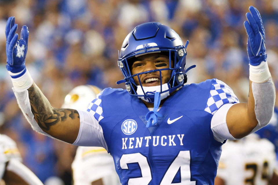 Kentucky running back Chris Rodriguez Jr. (24) celebrates scoring a touchdown during the first half of an NCAA college football game against Missouri in Lexington, Ky., Saturday, Sept. 11, 2021. (AP Photo/Michael Clubb)