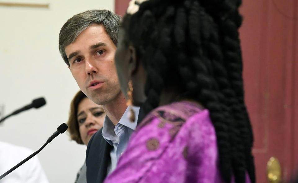 Former Texas Congressman Beto O'Rourke speaks at a town hall meeting with members of the Gullah/Geechee Nation, Friday, June 14, 2019 in Beaufort, S.C. In South Carolina on Friday, the Democratic presidential candidate and former Texas congressman met with leaders of the Gullah/Geechee Nation, a culture of slave descendants along the Southeast coast. (AP Photo/Meg Kinnard)