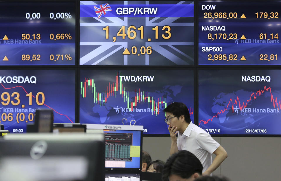 A currency trader watches monitors at the foreign exchange dealing room of the KEB Hana Bank headquarters in Seoul, South Korea, Thursday, July 4, 2019. Shares opened higher in Asia on Thursday after U.S. stocks closed broadly higher, sending the S&P 500 and other major indexes to record highs.(AP Photo/Ahn Young-joon)