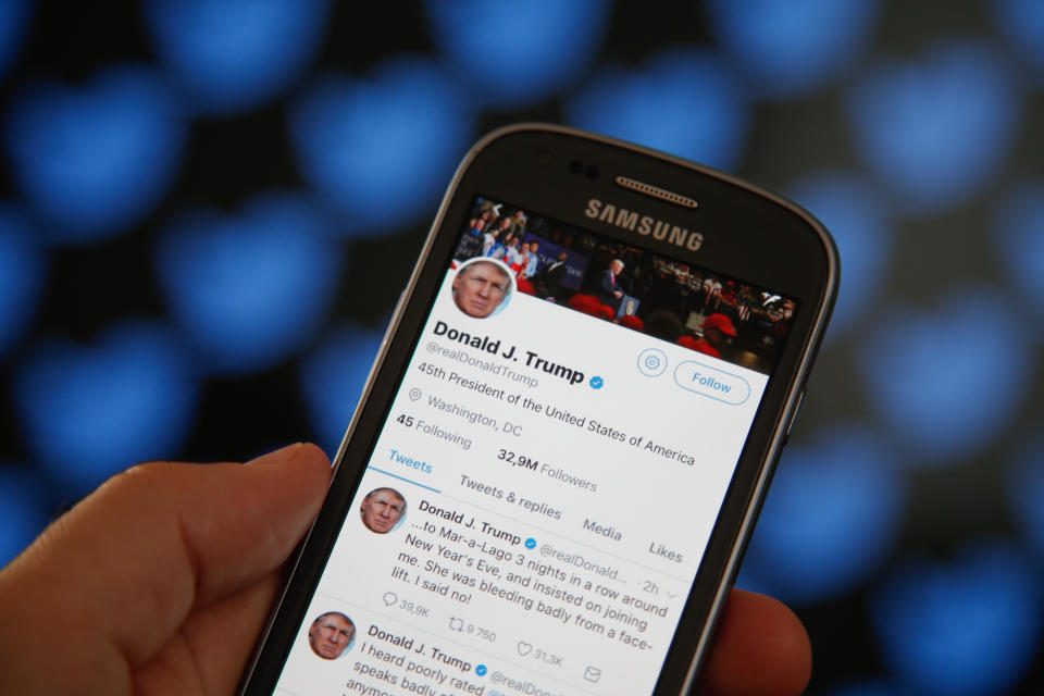 In this file photo, the Twitter timeline of President Donald Trump is seen on June 29, 2017, in Bydgoszcz, Poland after the President insulted TV show host Mika Brzezinski on the platform, claiming he was bullied by Mrs. Brzezinski and her co-hosts on their show Morning Joe on MSNBC. | NurPhoto — Getty Images