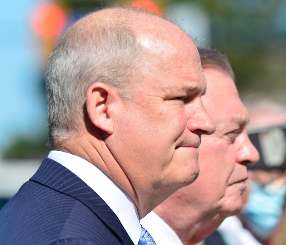 Attorney Jim Griffin, foreground, faces the media after an Oct. 19, 2021, bond hearing for Alex Murdaugh in Richland County.