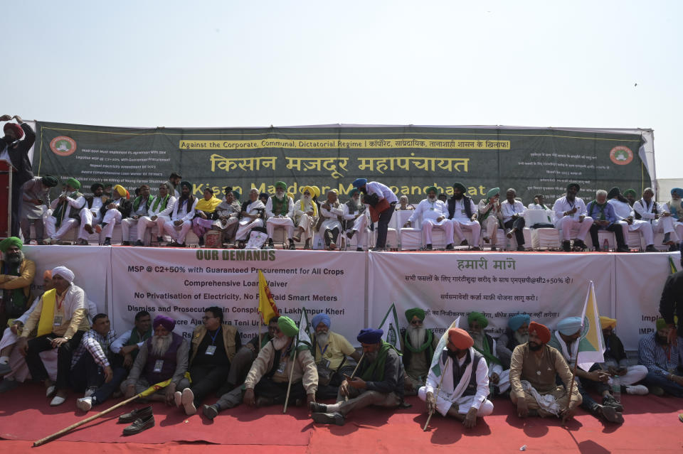 Indian farmers who have been protesting to demand guaranteed crop prices gather at Ramlila ground in New Delhi, India, Thursday, March 14, 2024. (AP Photo)