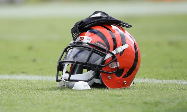 A general photo of a Cincinnati Bengals helmet on the field.