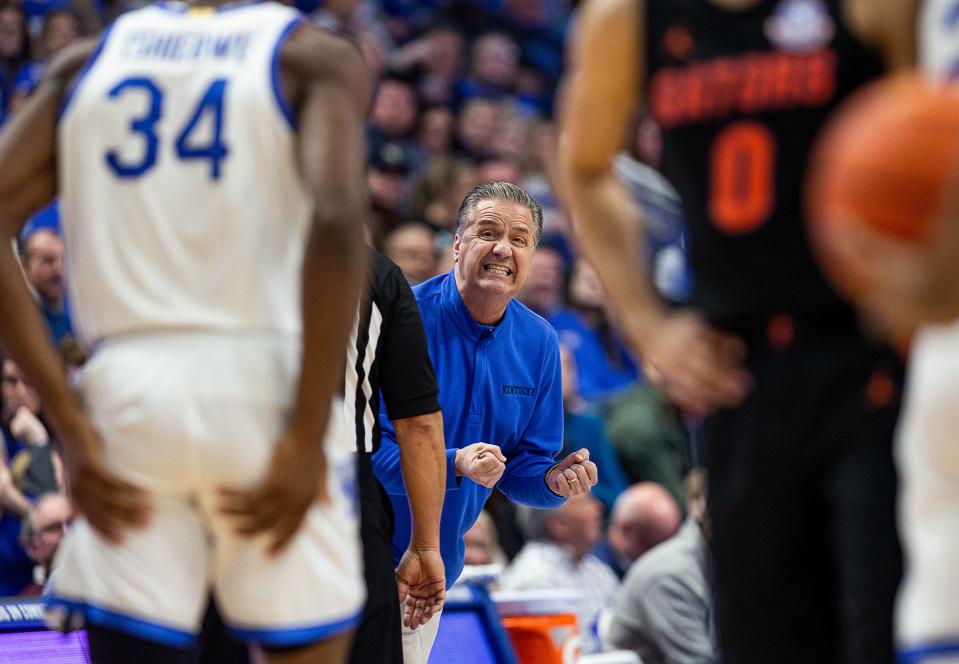 Kentucky head coach John Calipari encouraged his team as the Wildcats faced off against Florida in Rupp Arena on Saturday evening. Kentucky defeated Florida 72-67. Feb. 4, 2023