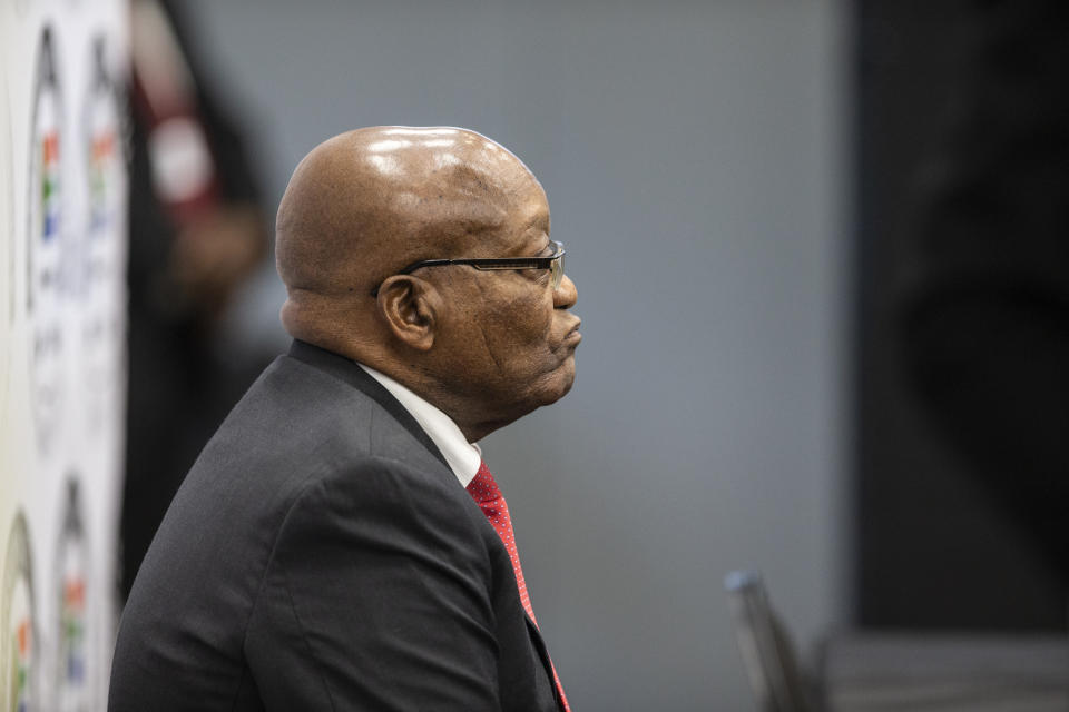 Former South Africa President Jacob Zuma appears before a commission probing allegations of corruption during his tenure as the country's leader as president from 2009 until 2018, in Johannesburg Monday July 15, 2019. Zuma was forced to resign by his ruling African National Congress party over widespread reports of corruption and was replaced by his then deputy Cyril Ramaphosa. (Pool Photo via AP)