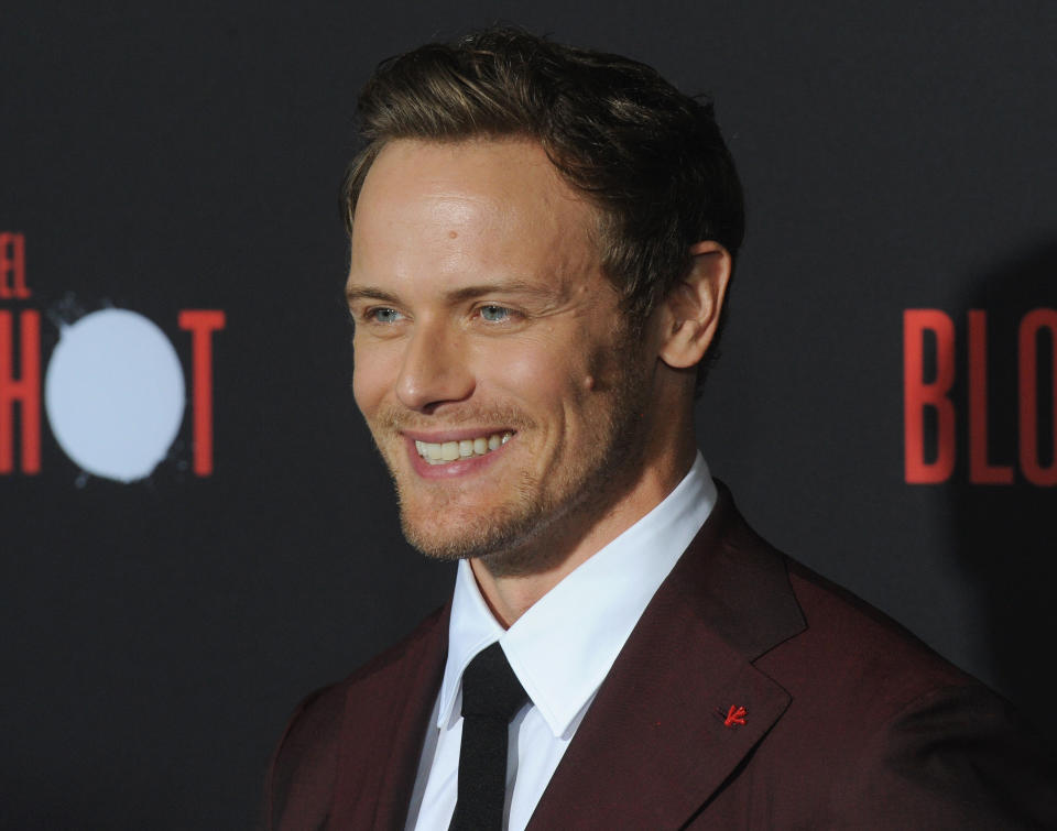 LOS ANGELES, CA - MARCH 10:  Sam Heughan arrives for the Premiere Of Sony Pictures' "Bloodshot"  held at The Regency Village on March 10, 2020 in Los Angeles, California.  (Photo by Albert L. Ortega/Getty Images)