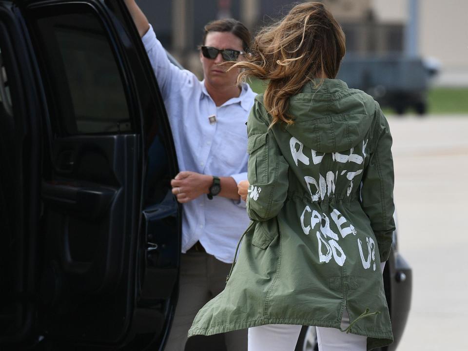 Melania Trump wears a jacket emblazoned with the words “I really don’t care, do you?” following her surprise visit with child migrants on the US-Mexico border, 21 June 2018AFP via Getty Images