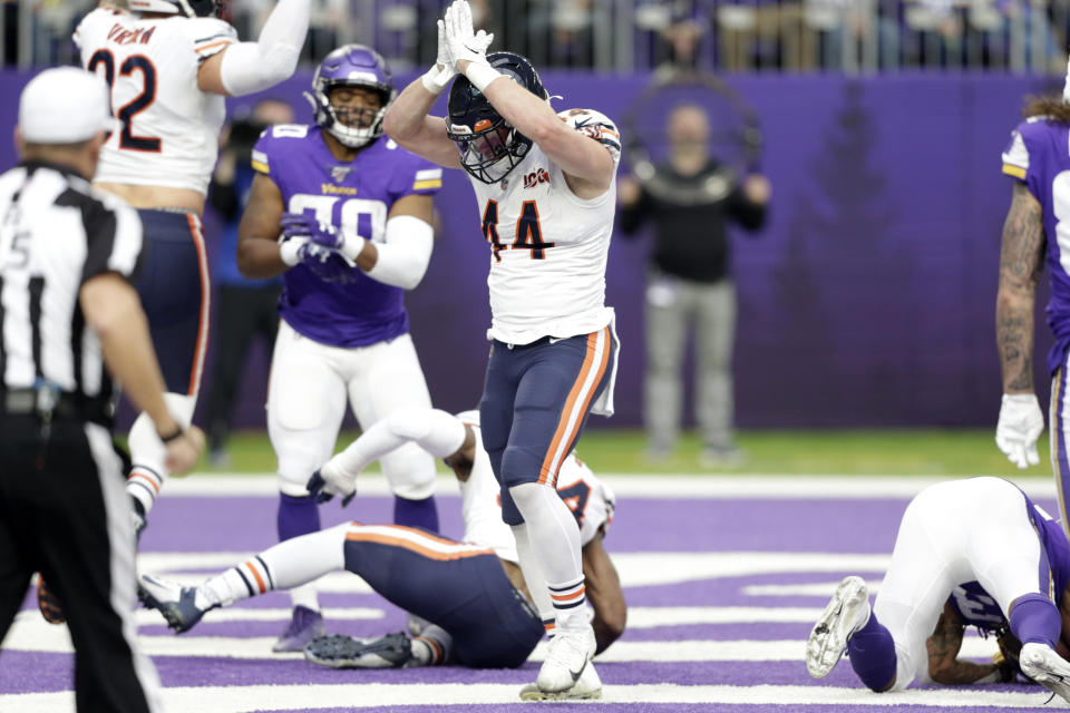 Chicago Bears inside linebacker Nick Kwiatkoski celebrates after a safety during the first half of an NFL football game against the Minnesota Vikings, Sunday, Dec. 29, 2019, in Minneapolis. (AP Photo/Andy Clayton-King)