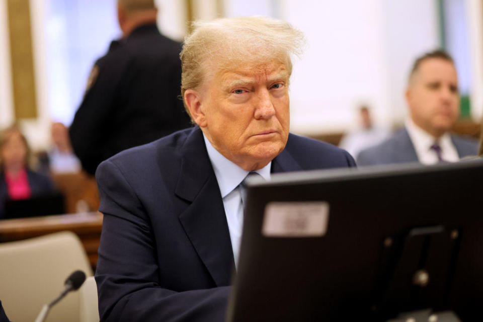 Former President Donald Trump sits in the courtroom during his civil fraud trial at New York State Supreme Court on Oct. 18, 2023 in New York City.  / Credit: Michael M Santiago/Getty Images / Getty Images