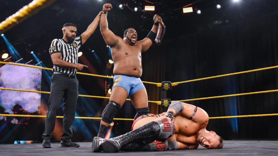 WWE star Keith Lee celebrates retaining his NXT North American Championship. (Photo courtesy of WWE)