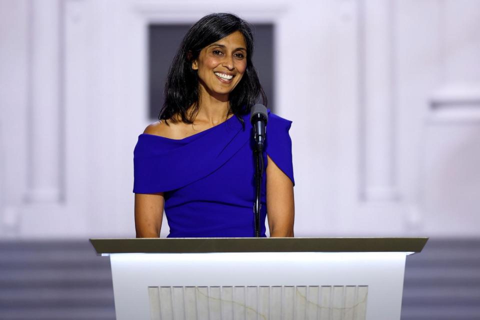 PHOTO: Usha Chilukuri Vance, wife of J.D. Vance speaks on stage on the third day of the Republican National Convention on July 17, 2024 in Milwaukee, Wis.  (Chip Somodevilla/Getty Images)