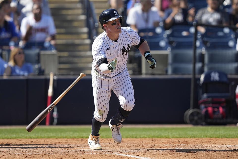 FILE - New York Yankees' Harrison Bader watches his RBI-triple against the Washington Nationals during the fourth inning of a spring training baseball game Wednesday, March 1, 2023, in Tampa, Fla. Bader was activated from the injured list by the New York Yankees, and the speedy center fielder could make his season debut Tuesday night, May 2, against the Cleveland Guardians. Diminished by injuries, the slumping Yankees hope Bader can spark their offense a bit. (AP Photo/David J. Phillip, File