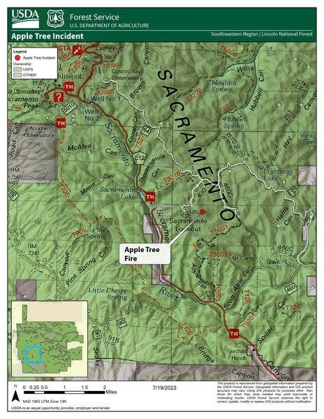 Apple Tree Fire Map, areas to avoid, the 60-acre Apple Tree Fire started from lighting on July 18.