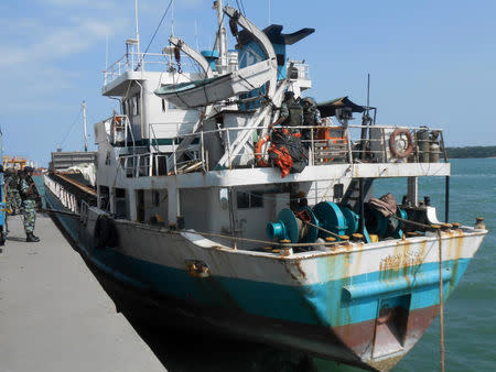 The vessel Mv Bushehr, seized by the Kenya Navy in the Indian Ocean and found to carrying drugs, is docked and under police guard in Mombasa's port August 29, 2014. Picture taken August 29, 2014. REUTERS/Stringer