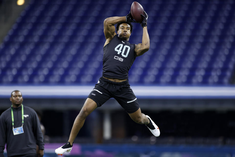 Southern Illinois defensive back Jeremy Chinn runs a drill during the NFL scouting combine at Lucas Oil Stadium on Feb. 29, 2020 in Indianapolis, Indiana. (Photo by Joe Robbins/Getty Images)