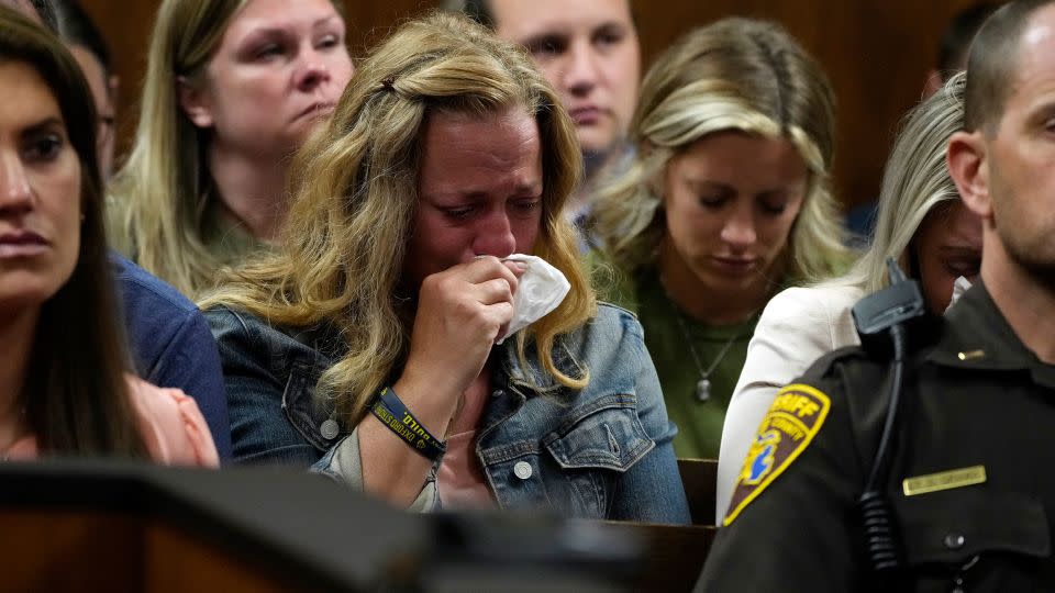 Sheri Myre, mother of slain Oxford student Tate Myre, weeps in court on Friday.  - Carlos Osorio/AP