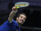 France's Richard Gasquet serves against Czech Tomas Machac during a Davis Cup group C match between France and Czech Republic in Innsbruck, Thursday, Nov. 25, 2021. (Photo/Michael Probst)