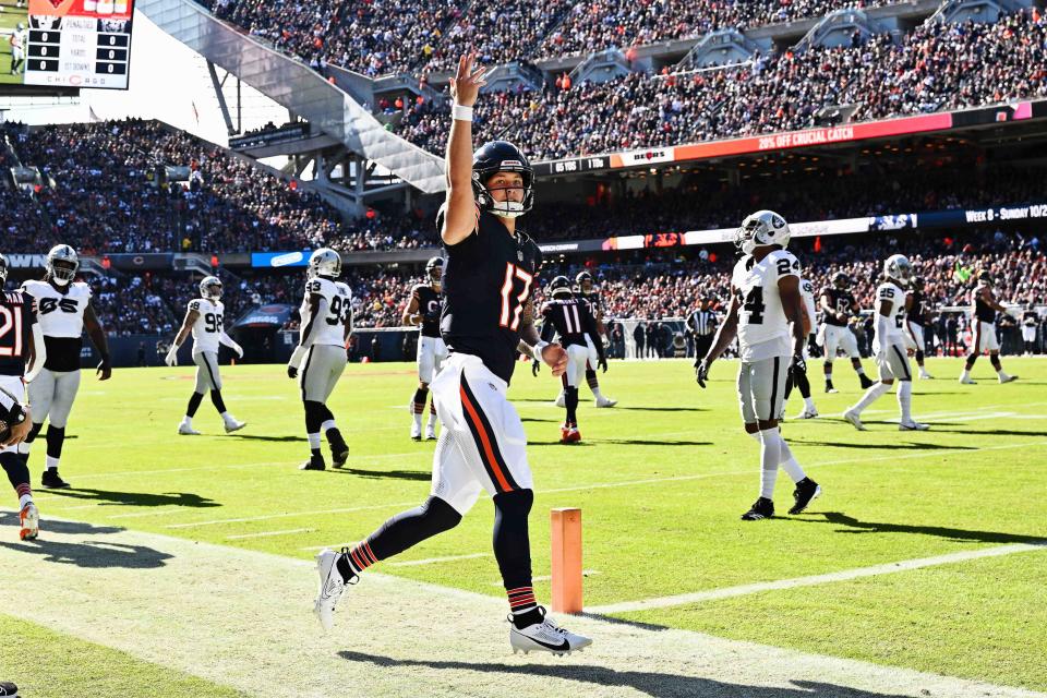 Oct 22, 2023; Chicago, Illinois, USA; Chicago Bears quarterback Tyson Bagent (17) against the Las Vegas Raiders at Soldier Field. Mandatory Credit: Jamie Sabau-USA TODAY Sports