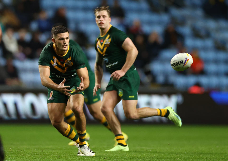 Nathan Cleary and Cameron Munster, pictured here in action for Australia at the Rugby League World Cup.