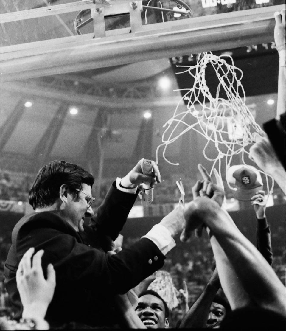Joe B. Hall cut down the net after the 1978 NCAA championship game between UK and Duke.