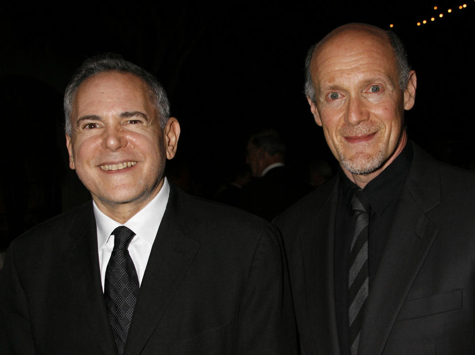 FILE - This Nov. 15, 2007 file photo shows Craig Zadan, left, and Neil Meron, producers of the film "Hairspray" at the Santa Barbara International Film Festival's in Santa Barbara, Calif. Meron, who is producing the Oscar show for the second time with partner Craig Zadan, hopes a careful blend of secrecy and teasing, topped with some of the tightest races in recent Oscar memory, makes the 86th Academy Awards a lure for viewers far and wide. The Oscars will be held on Sunday, March 2, 2014. (AP Photo/Michael A. Mariant, File)